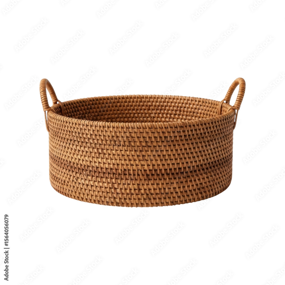 Woven brown rattan basket with handles on transparent background Woven brown rattan basket with handles on transparent background