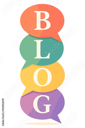 Colorful speech bubbles spelling BLOG, flat design concept for International Blog Day, digital content and communication illustration