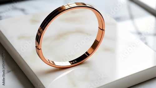Rose gold bangle bracelet on marble background, jewelry and fashion. Still life.