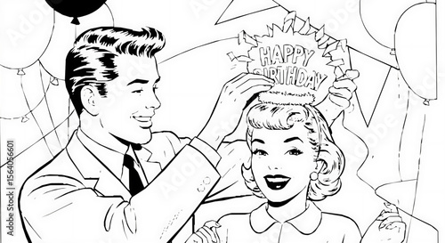 "Man putting birthday hat on woman's head — 1950s comic style, cheerful retro couple, black and white line drawing, fun celebration scene, emotional moment, no color"" generative ai