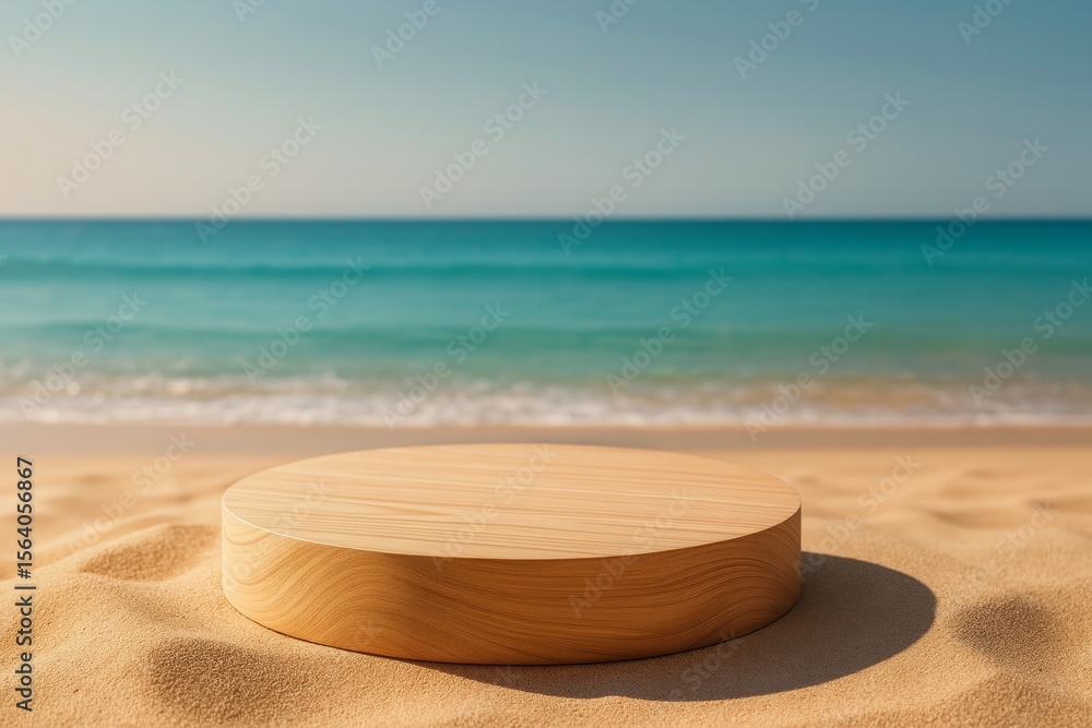 Obraz premium Circular wooden platform rests on a sandy beach with a serene ocean view in the background. The tranquil setting highlights the contrast between natural textures and colors