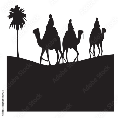 Three silhouetted figures riding camels across desert dunes under a palm tree