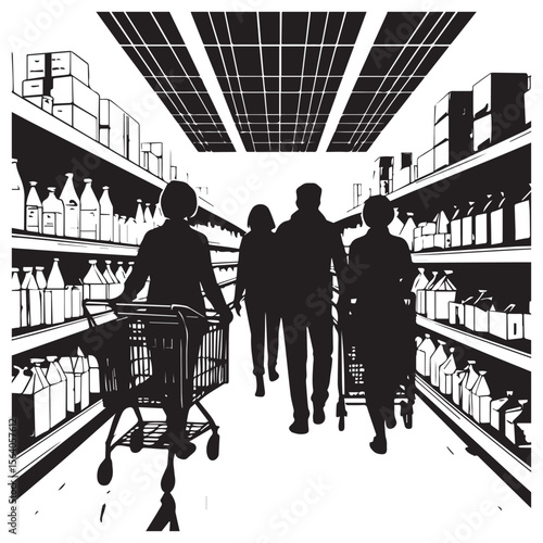 Silhouettes of people pushing shopping carts down a grocery store aisle with shelves full of products
