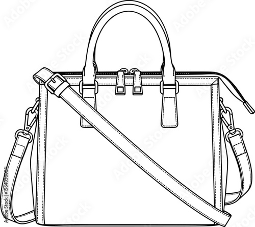 CAD drawing flat vector illustration of elegant women’s handbag with shoulder strap, outline sketch, fashion accessory, isolated design