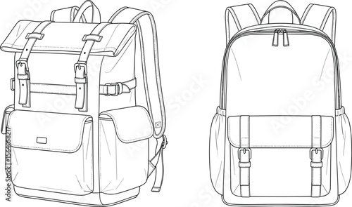CAD drawing flat vector illustration of modern travel and school backpacks, detailed technical sketch with pockets, straps, buckles, front view