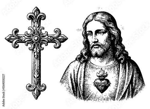 Jesus Christ and Decorative Cross – Vintage Religious Engraving, Sacred Heart Illustration PNG