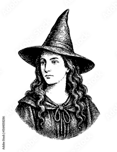 Vintage Witch Portrait with Hat – Engraving Style Vector and PNG Isolated on Transparent Background
