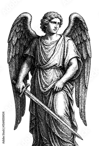 Archangel with Sword in Vintage Engraving Style – Vector and PNG Isolated on Transparent Background