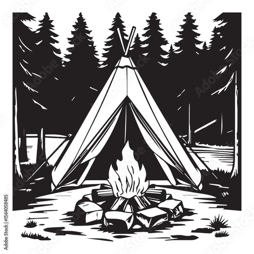 Stylized black and white illustration of a teepee campsite with a campfire and pine trees
