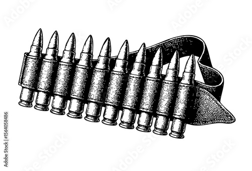Ammo Belt with Bullets Illustration - Vintage Engraving Style Vector and PNG Isolated on Transparent Background