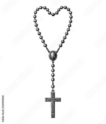 Rosary in Heart Shape with Cross – Vintage Engraving Illustration. Vector and PNG Isolated on Transparent Background