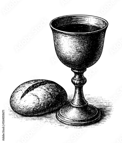 Communion Chalice with Bread – Vintage Religious Engraving Illustration – Vector and PNG Isolated on Transparent Background
