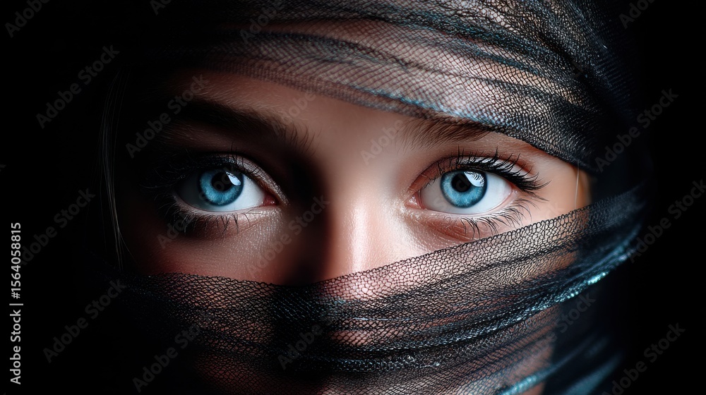 Woman with striking blue eyes partially covered by black sheer fabric creating a mysterious look Woman with striking blue eyes partially covered by black sheer fabric creating a mysterious look