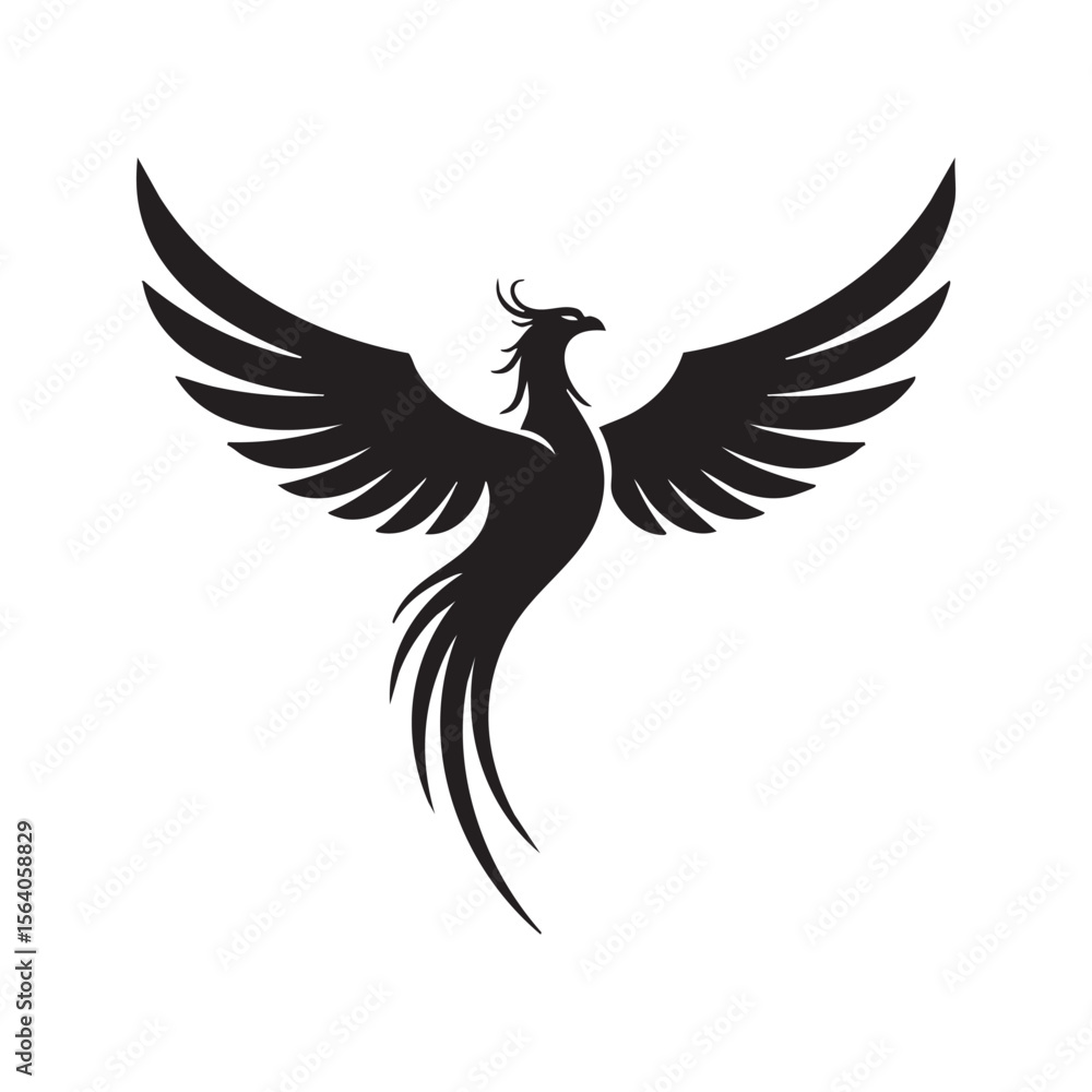 Fototapeta premium Majestic black phoenix silhouette with wings spread isolated on white background