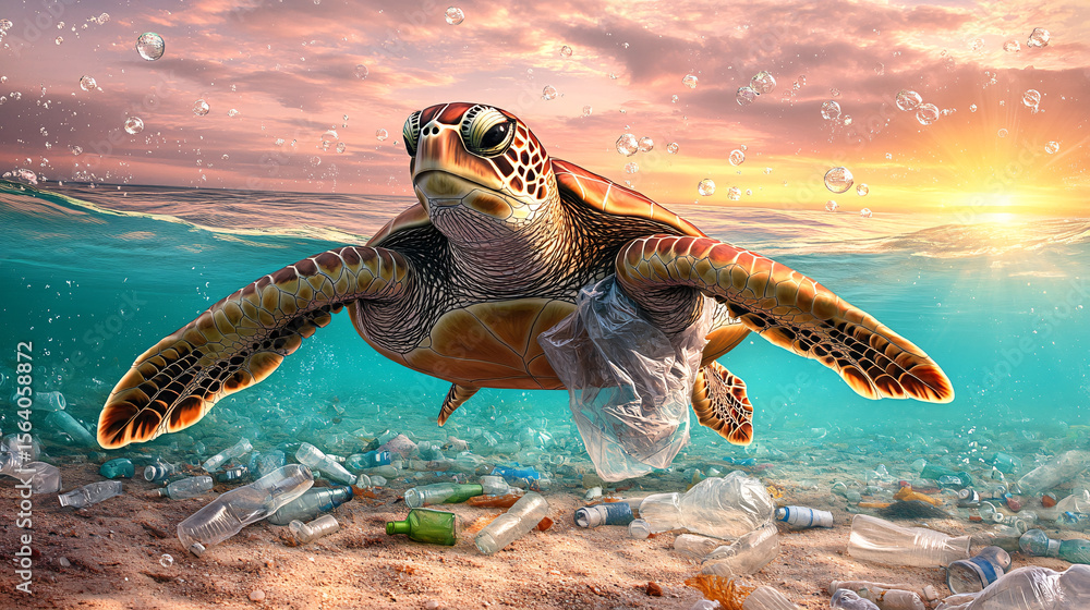 Obraz premium Sea Turtle Entangled in Plastic Pollution Ocean Conservation