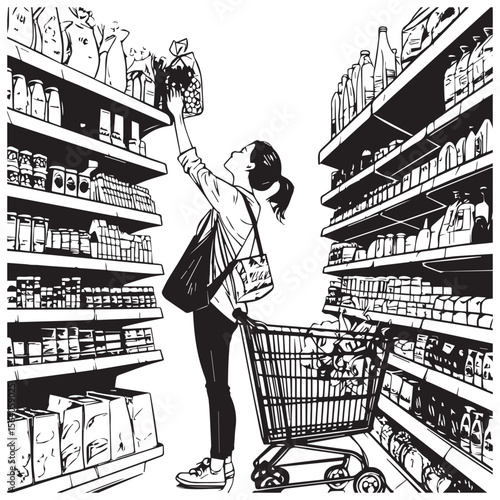 Woman reaching for product on high shelf in grocery store aisle with shopping cart full of groceries