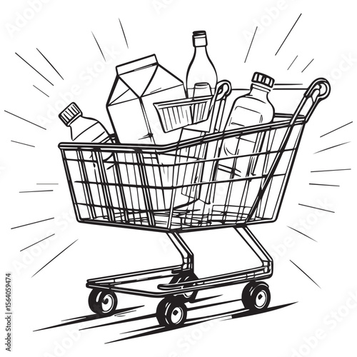 Black and white line art illustration of a shopping cart filled with groceries and moving quickly