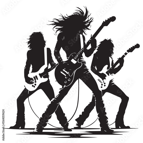 Energetic silhouette of a rock band playing electric guitars with wild hair and dynamic poses