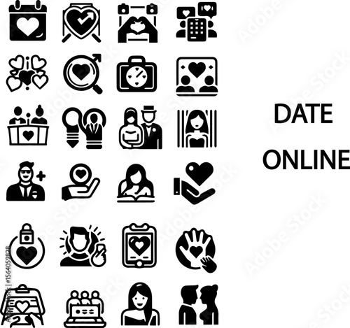Online dating icons and symbols in black and white design  