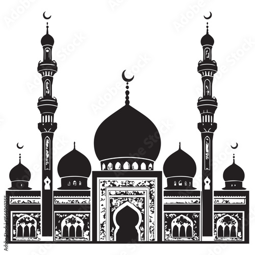 Intricate black silhouette of a grand mosque with multiple domes and tall minarets against a white background