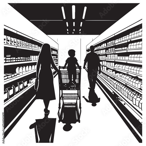 Family silhouetted shopping in a brightly lit grocery store aisle with shelves full of products