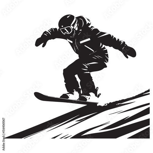 Dynamic black and white silhouette of a snowboarder in mid air performing a trick on a snowy slope
