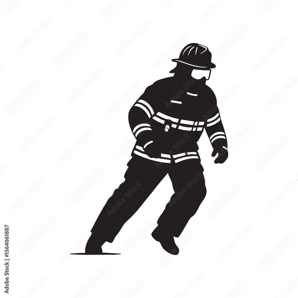 Black silhouette of a firefighter in protective gear running isolated on white background silhouette Black silhouette of a firefighter in protective gear running isolated on white background silhouette