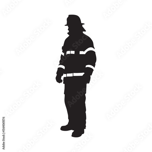 Black silhouette of a firefighter in protective gear standing isolated on white background silhouette