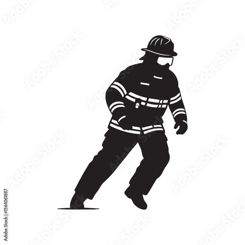 Black silhouette of a firefighter in protective gear running isolated on white background silhouette