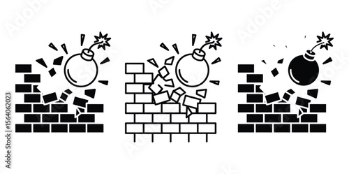 bomb,bomb icon,bomb logo,bomb vector, explosion,Three illustrations showcase a cartoon bomb exploding and breaking down a brick wall with impact debris flying around.