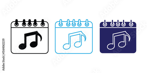 calendar line icon,calendar icon,calendar logo,calendar vector,Stylish reminder of musical events with calendar icon variations in black, blue outline, and solid fill for engaging graphic designs.