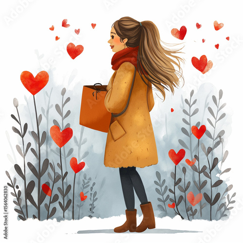Illustration of a Girl shoppng for Valentine's Day Gifts
