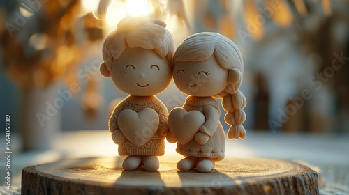 Macro Shot of Miniature Clay Couple Holding Hearts on Wood