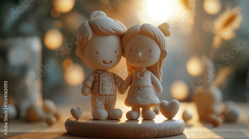 Cute Handcrafted Clay Couple Toy Holding Hearts for Valentine's Day