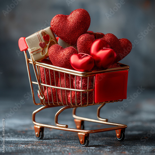 Shopping Cart with Gifts and Loving Hearts
