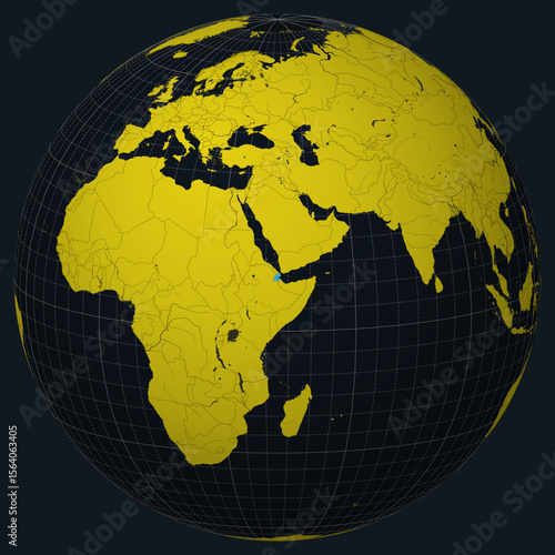 Djibouti on Globe. Country view on the world map in Charcoal Bright Yellow color palette. Djibouti shape on map. Globe with meridians, parallels, countries, rivers and lakes.