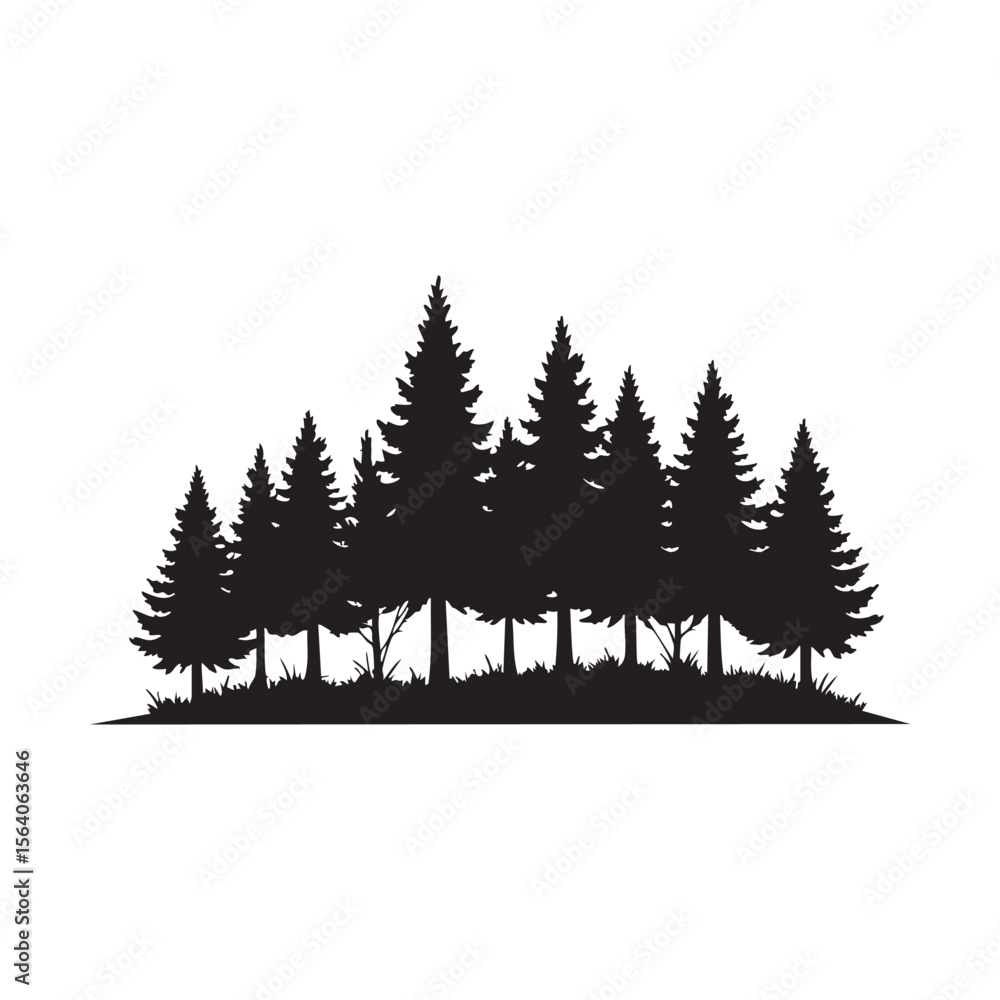 Obraz premium A dense forest of pine trees in a black silhouette isolated on white background silhouette