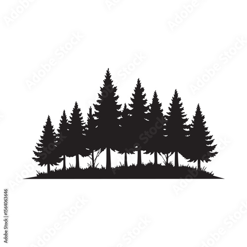 A dense forest of pine trees in a black silhouette isolated on white background silhouette