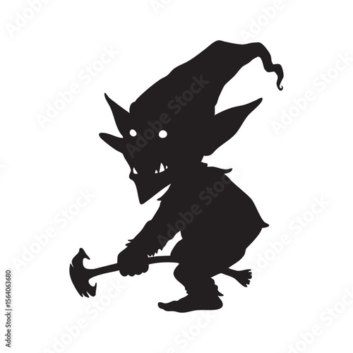 Black silhouette of a goblin character holding a hammer isolated on white background silhouette