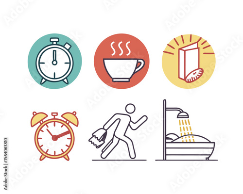 Morning Routine Icons Alarm Clock Coffee Shower Getting Ready