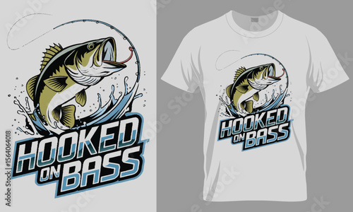 Hooked on Bass" Fishing T-Shirt Design with Largemouth Bass and Fishing Line Graphic

