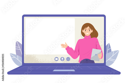 Young woman is presenting via social network on computer screen with blank white space. Concept of online conference, VDO call, e-learning, digital media, internet. Flat vector illustration character.