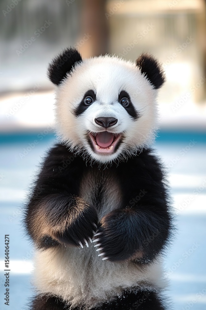 Obraz premium Panda gliding gracefully on ice while skating on hind legs in a winter wonderland