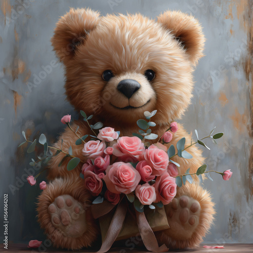 Romantic Gift Scene Featuring Flowers and a Stuffed teddy Bear