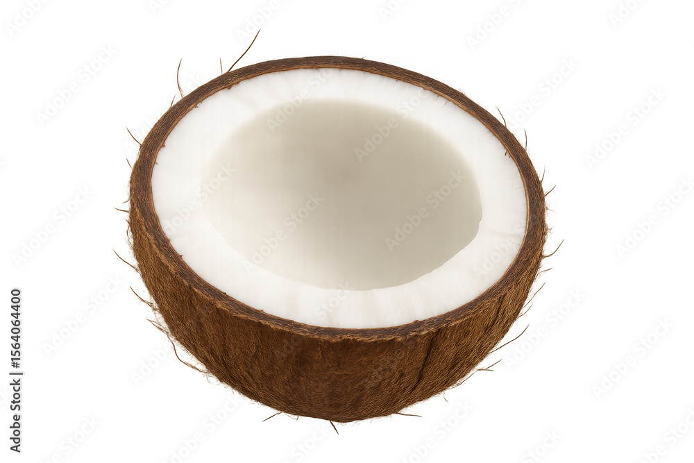 Half of a fresh coconut with a smooth white interior and rough brown shell, displayed on a transparent background for versatile use Half of a fresh coconut with a smooth white interior and rough brown shell, displayed on a transparent background for versatile use