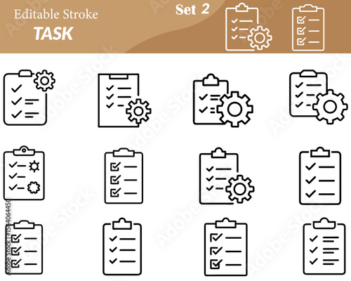A task icon set includes vector illustrations of productivity elements like checklists, clipboards, calendars, progress bars, notifications,and completed checkmarks. Ideal for project management tool.