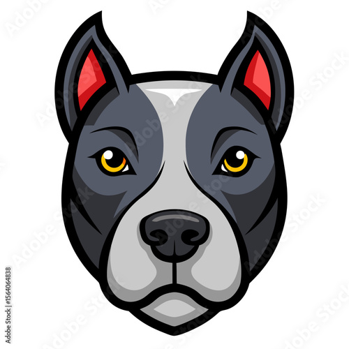 A stylized cartoon illustration of a pit bull or bulldog head with gray and white coloring, amber eyes, cropped ears with red inner detail, and bold black outlines in a clean vector art style.