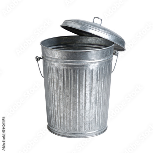 Classic galvanized metal trash can with lid open isolated on black background