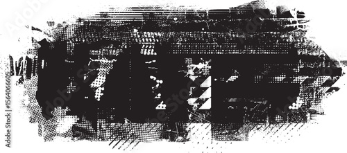 Glitch distorted grungy banner . Noise destroyed background . Trendy defect . Glitched collage .Grunge textured . Distressed effect .Vector shape. halftone dots . Screen print texture
