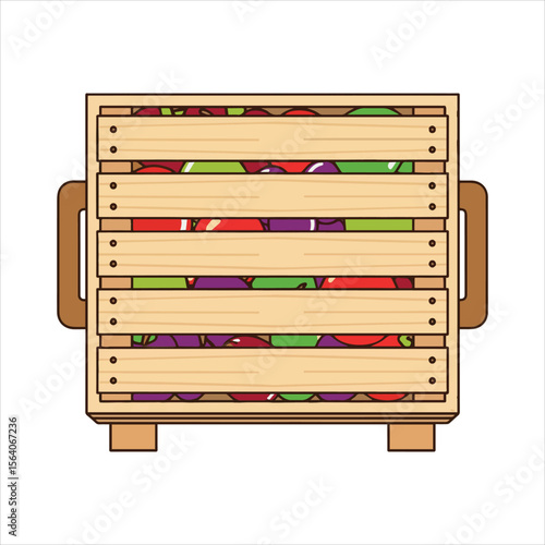 Wooden crate filled with fresh vegetables and fruits isolated on white background Art & Illustration